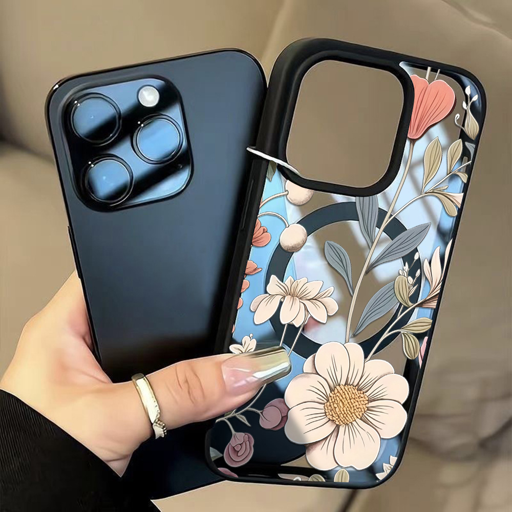 Phone Cases Magnetic - Czarne etui na telefon z kwiatowym